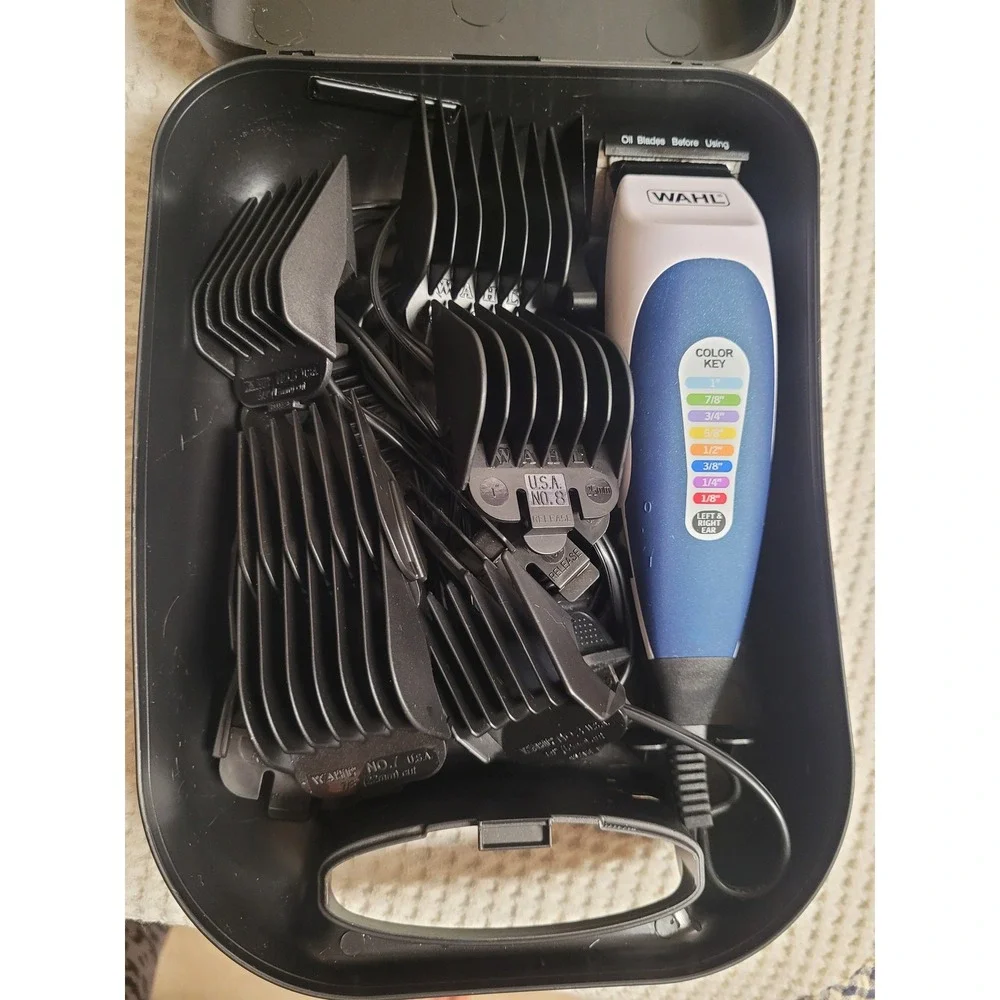 Wahl Color Pro Corded Hair Clipper Kit Model CMA with Guards and Case Blue White